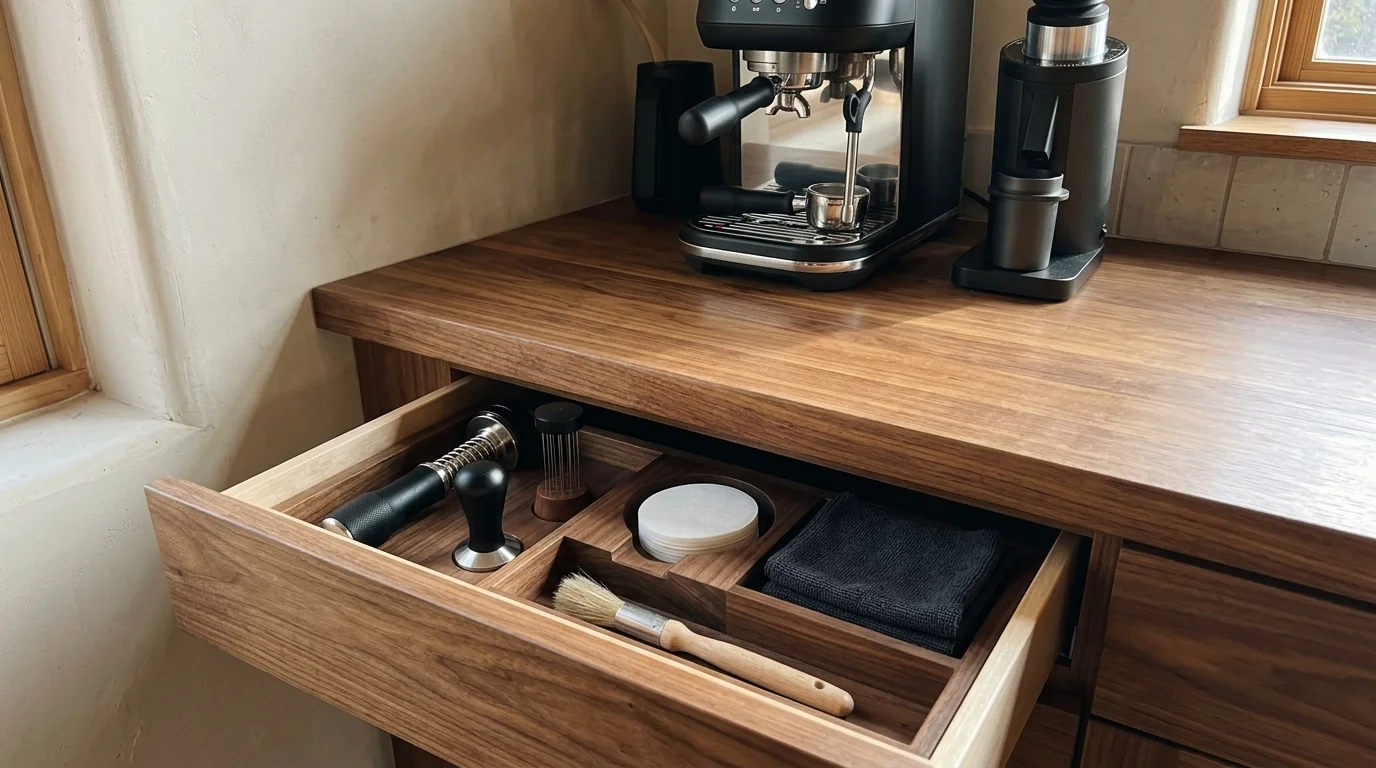 Impeccably organized minimalist coffee countertop with functional under-counter storage drawer