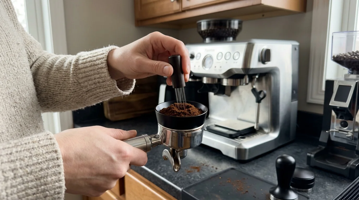 Close-up of active puck prep and vertical overhead clearance on a kitchen coffee station countertop