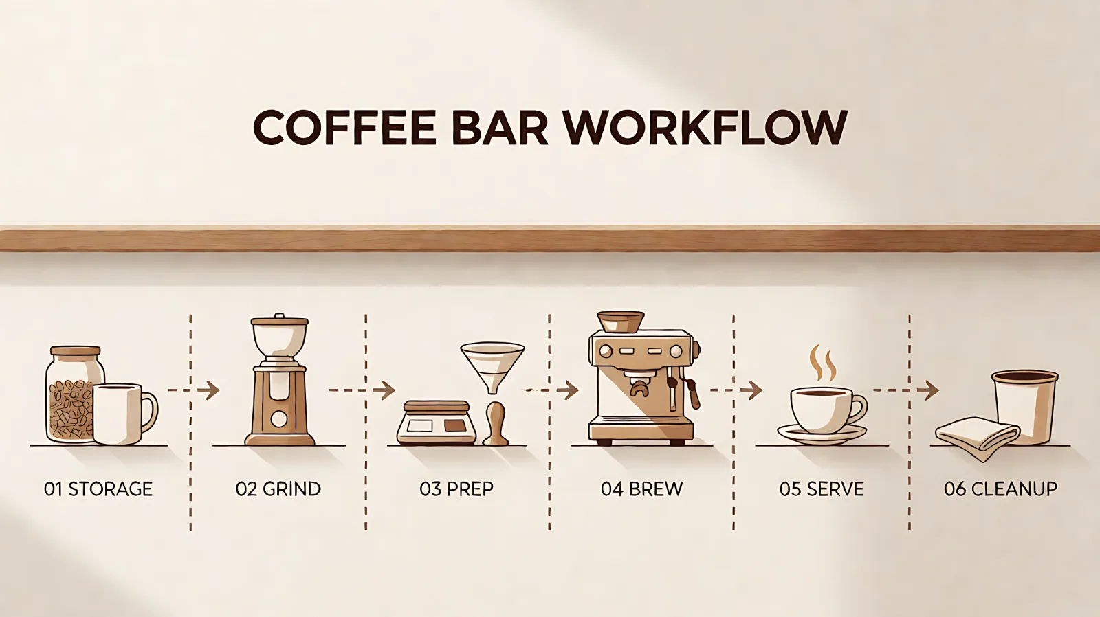 Home coffee bar workflow sequence diagram showing storage, grind, prep, brew, serve and cleanup stages arranged along a countertop