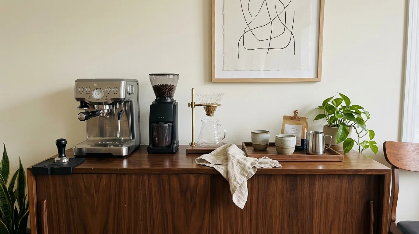 Dedicated home coffee bar setup on a dining room walnut sideboard with espresso machine and grinder