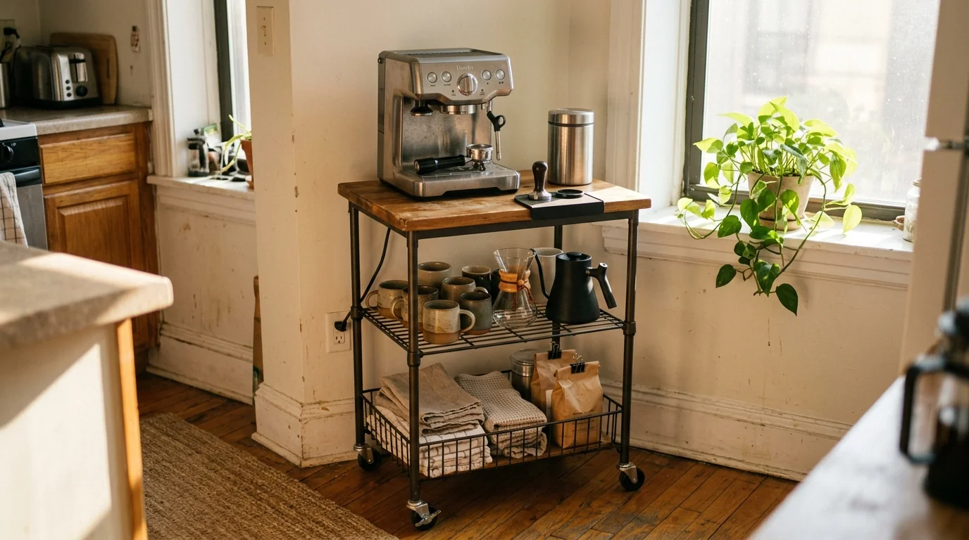 Compact 3-tier rolling coffee bar cart tucked into a sunlit apartment kitchen corner