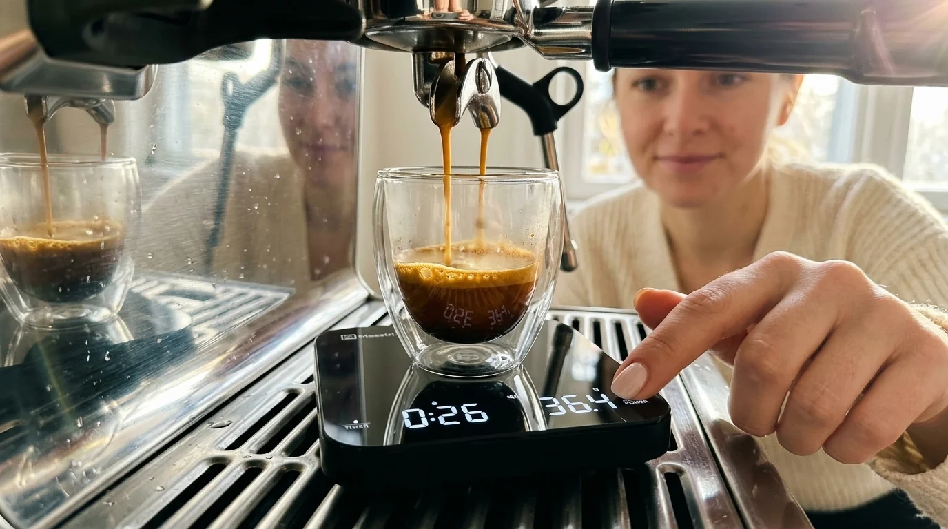 Maestri House S2 espresso coffee scale with compact square profile and illuminated LED timer display