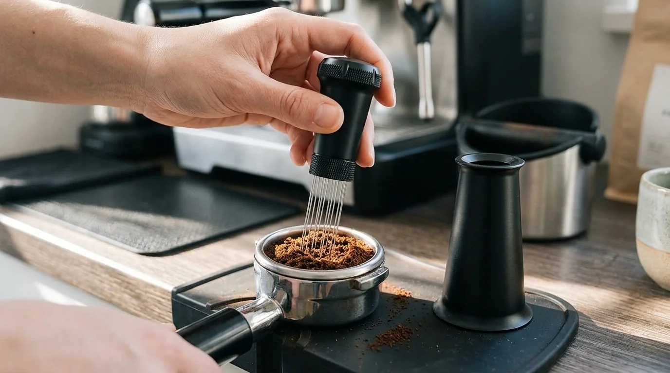 Nessus WDT espresso distribution tool with 0.35mm needles, aluminium handle and built-in cleaning brush on a stand
