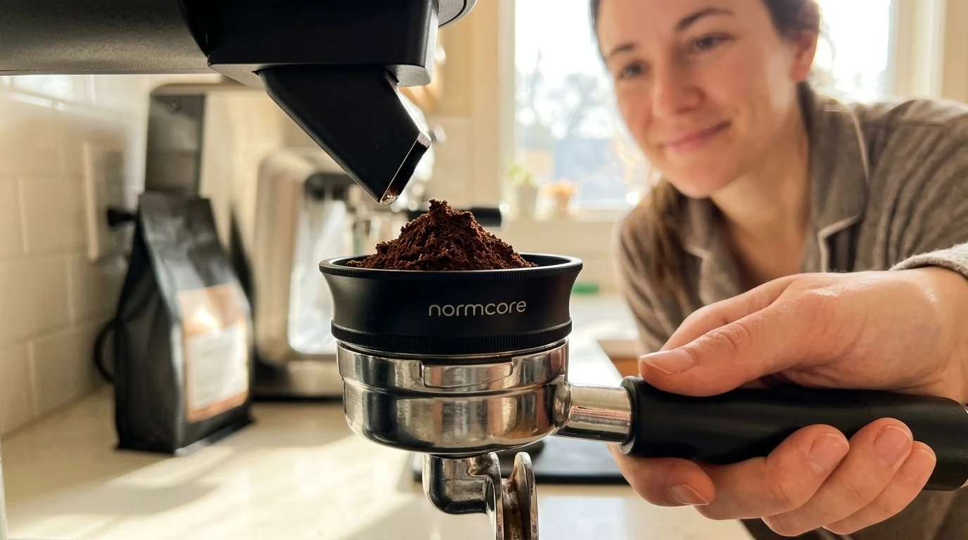 Normcore 54mm magnetic dosing funnel seated on a portafilter basket during grinding