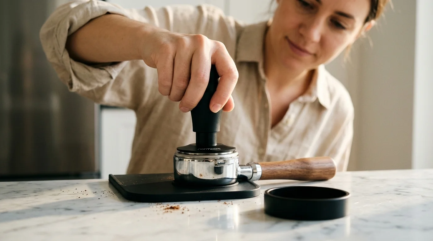 Normcore V4 spring-loaded espresso tamper with anodised aluminium handle and flat stainless steel base