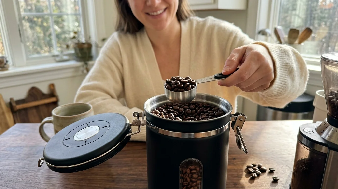 Veken 22oz airtight stainless steel coffee canister with a clear acrylic viewing window, date tracker dial and measuring scoop