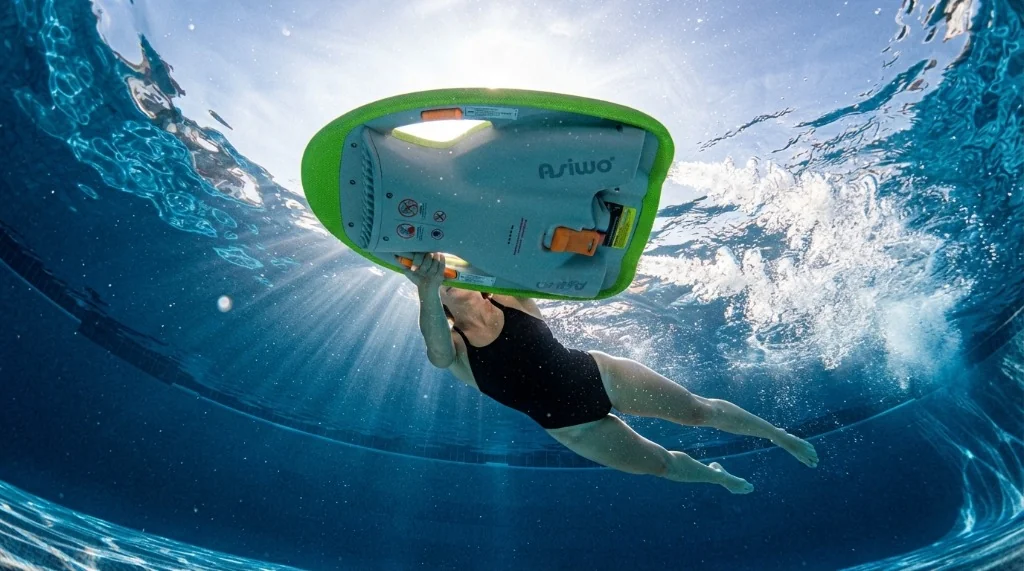 Asiwo MAKO electric swimming kickboard in lime green with safety grille and dual button grips