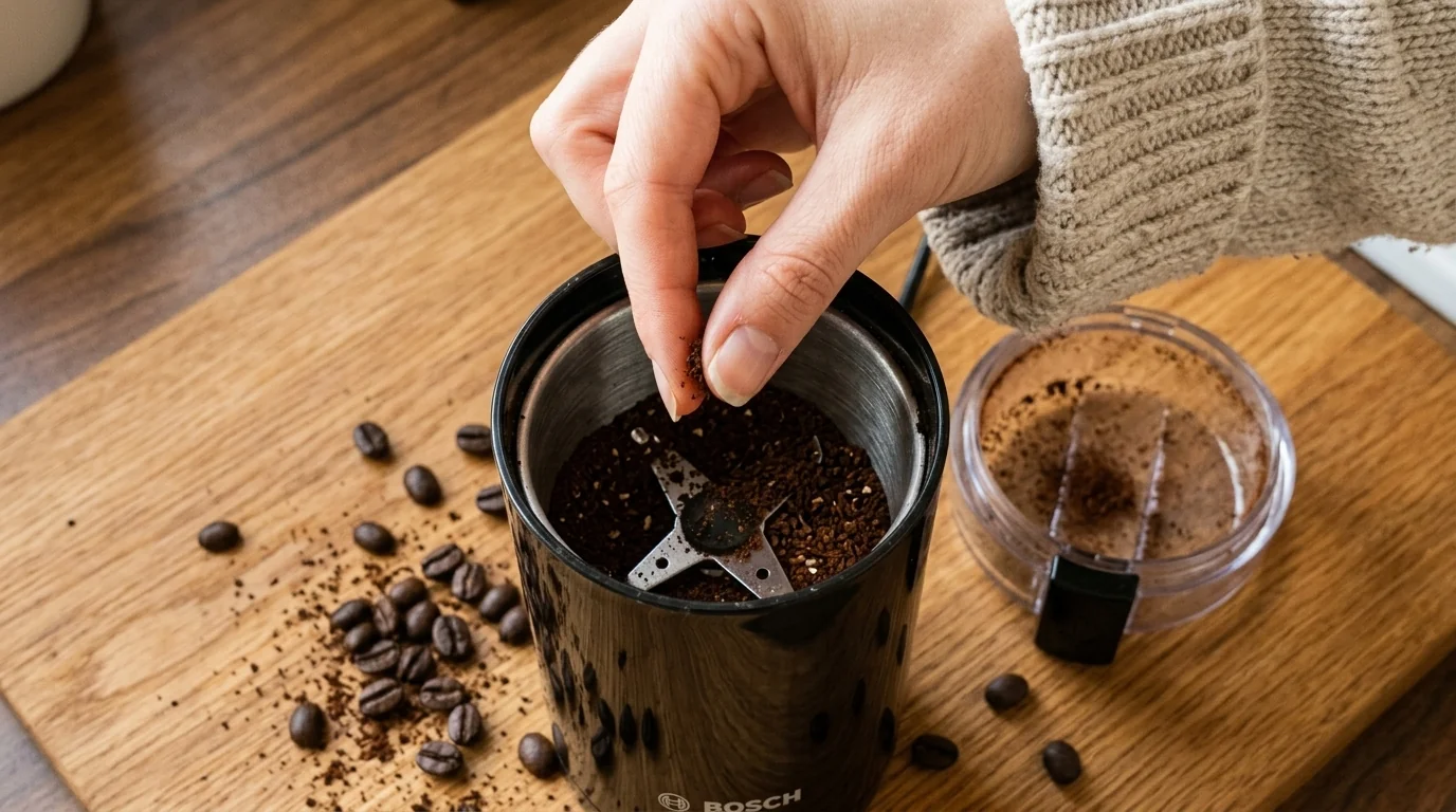 Bosch TSM6A013B stainless steel blade coffee grinder shown beside whole coffee beans and espresso grounds