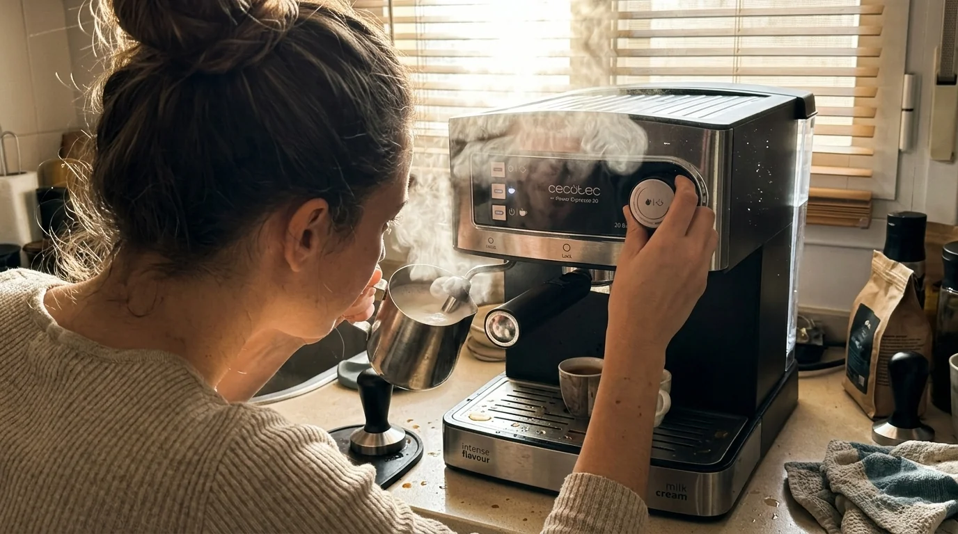 Cecotec Power Espresso 20 budget semi-automatic espresso machine with dual-spout portafilter and steam nozzle