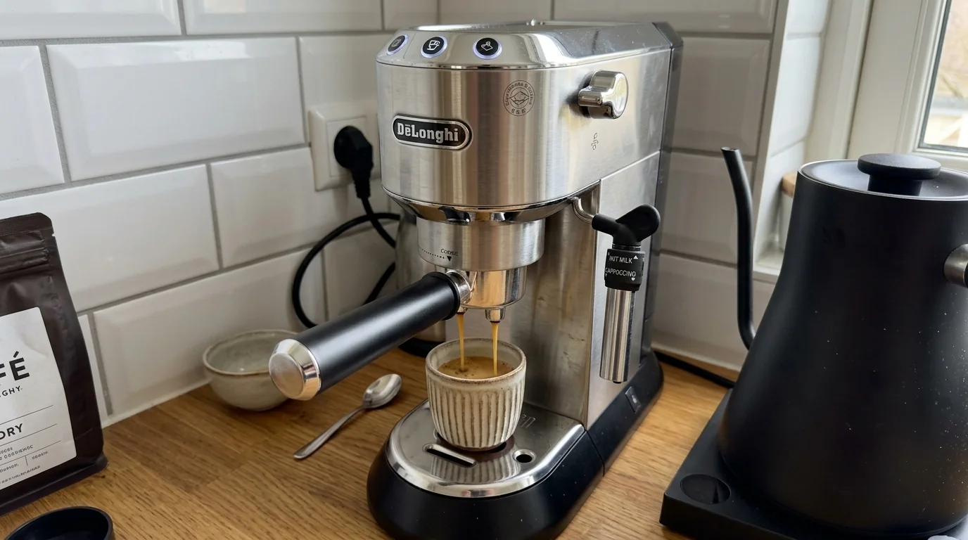 De'Longhi Dedica Style EC685 ultra-slim 15 cm standalone espresso machine with manual steam wand on a compact kitchen counter
