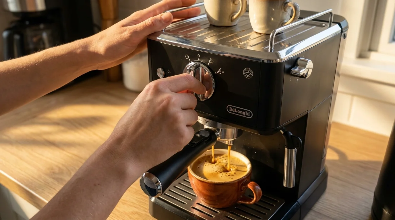 De'Longhi EC260 black budget espresso machine with chrome front panel, single control knob and cup warmer