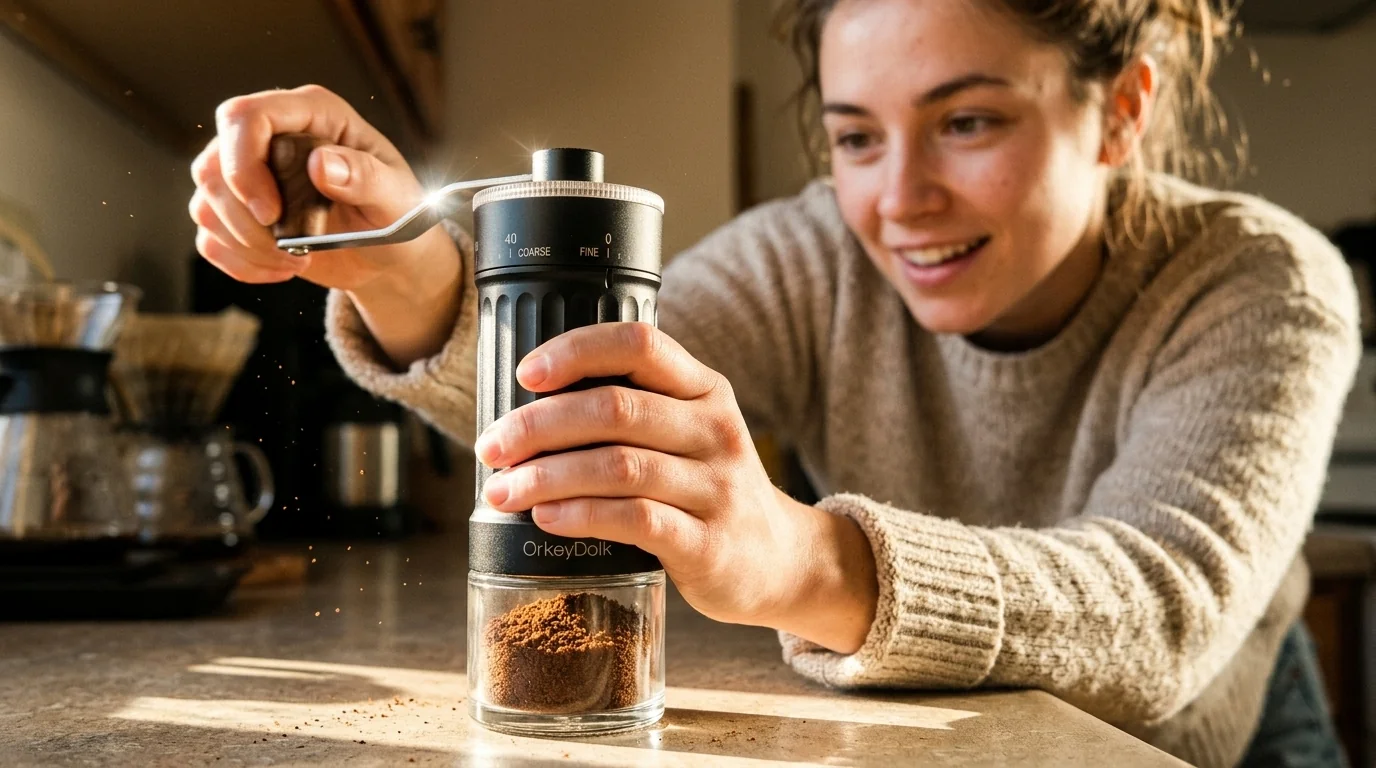 OrkeyDolk manual coffee grinder with 40-step external adjustment and a ceramic conical burr