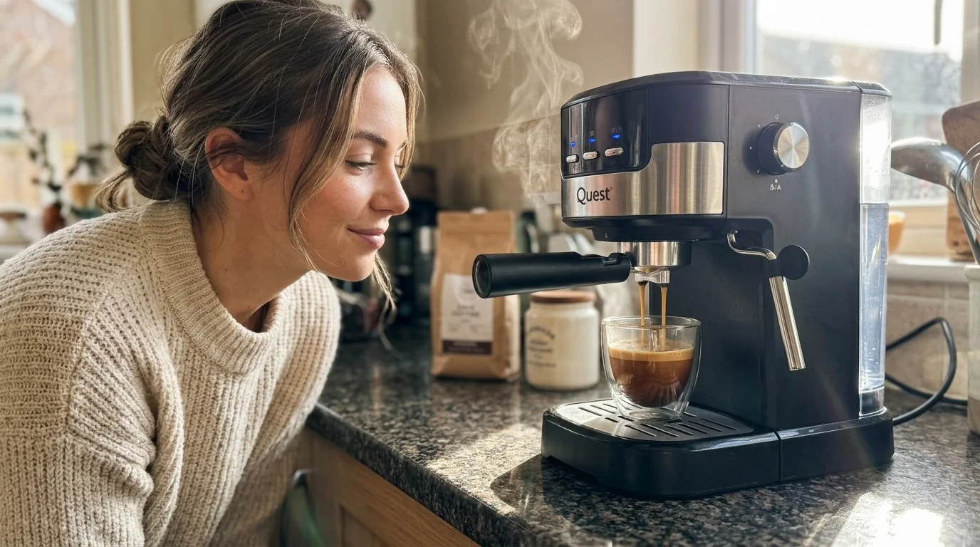 Quest 15 bar espresso coffee machine with 1.2 litre transparent removable water tank and dual stainless filters