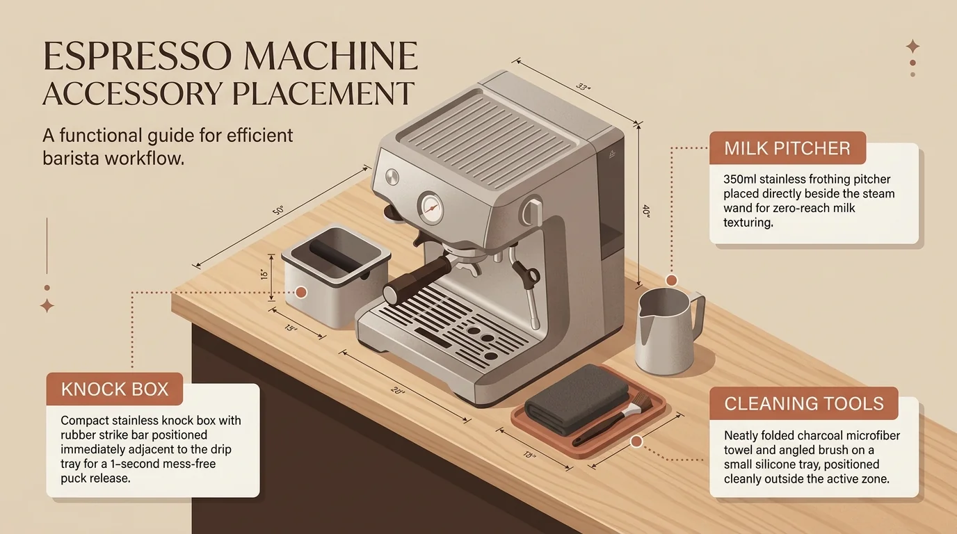 Espresso machine peripheral accessory placement diagram for milk pitcher knock box and barista towels