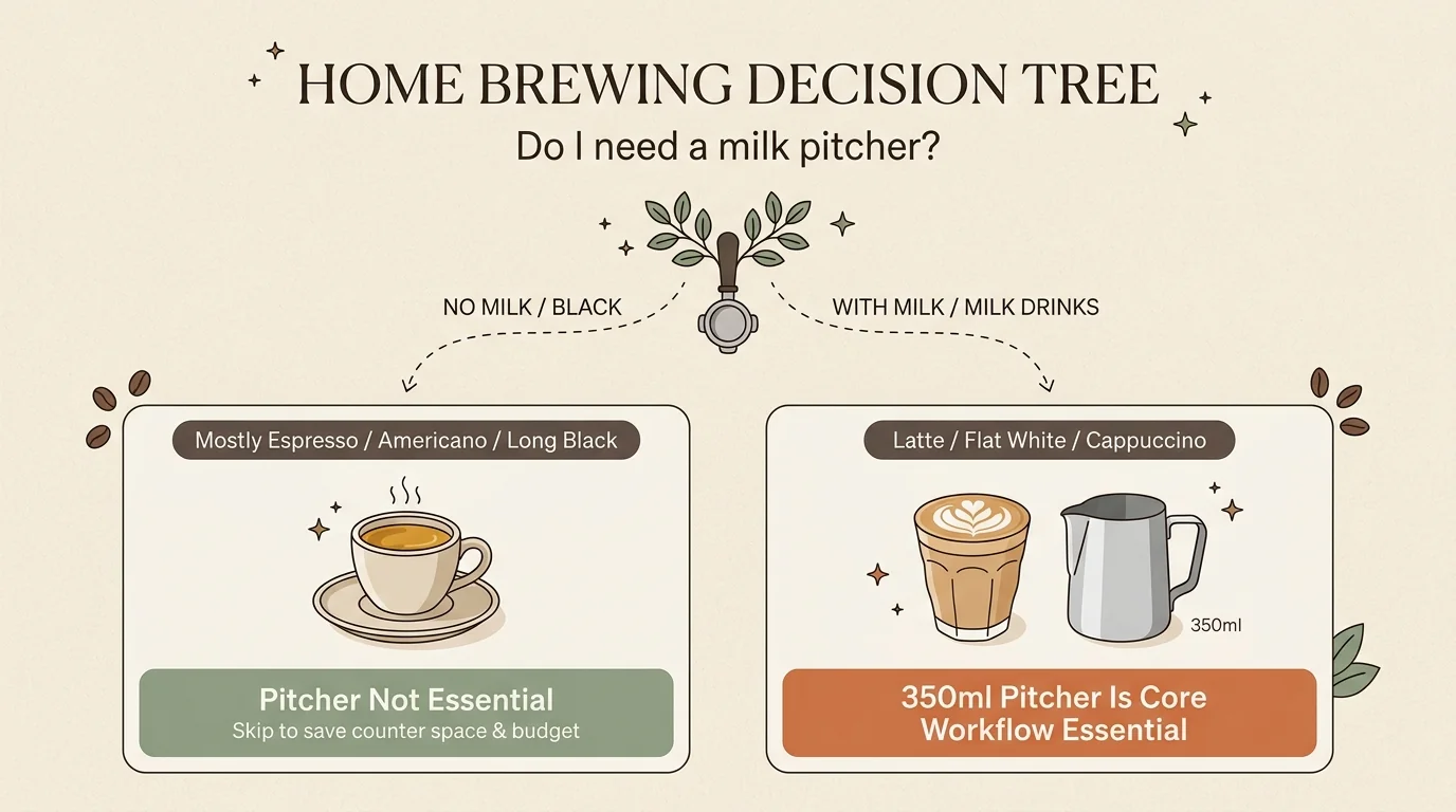 Espresso milk pitcher decision tree diagram comparing black coffee vs milk-based espresso requirements