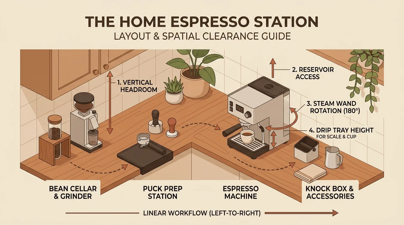 Home espresso station spatial clearance diagram showing overhead cabinet headroom, water tank access, and drip tray vertical clearance