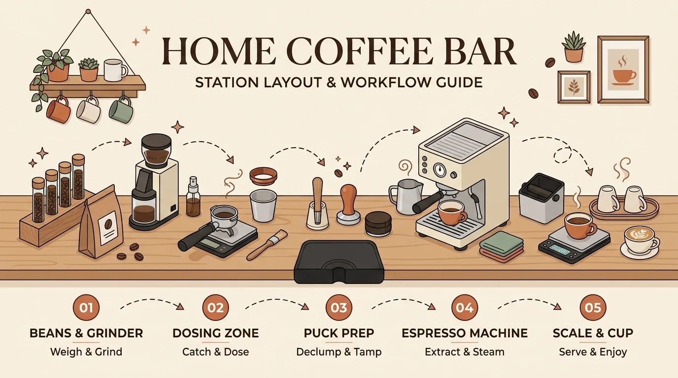 Aesthetic 5-zone coffee bar countertop station layout guide from grinder to scale and cup