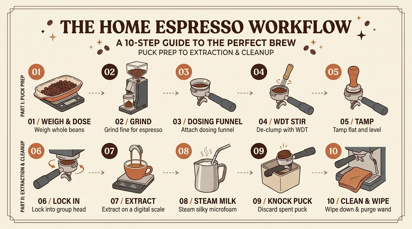 Minimalist 10-step home espresso brewing workflow infographic from beans and grinding to extraction and cleanup